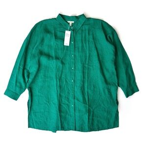 Eileen Fisher Nwt Organic Handkerchief Linen Green Classic Collar Top Shirt